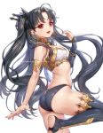 1girl armlet ass asymmetrical_legwear asymmetrical_sleeves bangs bare_shoulders bikini black_hair blush breasts detached_sleeves earrings fate/grand_order fate_(series) ganik gold_trim highres hoop_earrings ishtar_(fate)_(all) ishtar_(fate/grand_order) jewelry long_hair looking_at_viewer medium_breasts mismatched_bikini neck_ring open_mouth parted_bangs red_eyes simple_background single_detached_sleeve single_thighhigh smile swimsuit thigh-highs thighs tiara toeless_legwear two_side_up white_background 