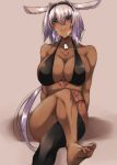  1girl animal_ears barefoot beige_background bikini black_bikini black_legwear blue_eyes body_markings caenis_(fate) dark_skin dog_tags fate/grand_order fate_(series) hair_intakes highleg highleg_bikini highres single_thighhigh solo swimsuit tattoo tgxx3300 thigh-highs white_hair 