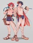  2boys bag blue_eyes blue_hair english_commentary fire_emblem fire_emblem:_mystery_of_the_emblem fire_emblem:_the_blazing_blade fire_emblem_heroes flower full_body grey_background head_wreath headband hibiscus looking_at_viewer male_focus male_swimwear marth_(fire_emblem) meep messenger_bag multiple_boys nipples redhead roy_(fire_emblem) sandals short_ponytail shoulder_bag simple_background smile swim_briefs swim_trunks swimwear thigh_strap umbrella vest 