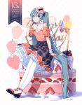  1girl :q arm_support black_bow black_skirt blue_eyes blue_hair bow brown_shirt brown_sleeves cake character_name chinese_commentary closed_mouth commentary detached_sleeves fen_renlei food food_on_face food_on_finger frilled_skirt frills fruit full_body hair_bow happy_birthday hatsune_miku heart highres long_hair pantyhose plaid plaid_skirt puffy_short_sleeves puffy_sleeves red_footwear shadow shirt shoes short_sleeves signature single_wrist_cuff sitting skirt sleeveless sleeveless_shirt smile solo strawberry tongue tongue_out twintails very_long_hair vocaloid white_background white_legwear wrist_cuffs 
