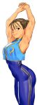  1girl armpits arms_up blue_bodysuit bodysuit breasts brown_eyes brown_hair cessa chun-li commentary crop_top crop_top_overhang double_bun english_commentary highres light_smile lips medium_breasts skin_tight sleeveless solo street_fighter street_fighter_zero_(series) stretch striped thick_thighs thighs toned vertical_stripes 