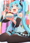  1girl \m/ abmayo aqua_eyes aqua_hair bangs birthday birthday_cake black_legwear blue_nails blue_neckwear blue_shirt box cake commentary detached_sleeves eating eyebrows_visible_through_hair food food_on_face fork fruit gift gift_box happy_birthday hatsune_miku highres holding holding_plate long_hair nail_polish necktie open_mouth plate shiny shiny_hair shiny_skin shirt sitting skirt solo spring_onion strawberry tattoo teeth thigh-highs twintails very_long_hair vocaloid wariza 
