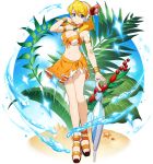  1girl alia_(rockman) android bangs beach bikini blonde_hair blue_eyes breasts capcom eyebrows_visible_through_hair full_body hair_between_eyes hand_in_hair headgear highres holding large_breasts long_hair mizuno_keisuke official_art parasol robot_ears rockman rockman_x rockman_x_dive sarong smile solo standing starfish summer swimsuit transparent_background umbrella water 