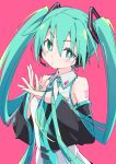  1girl aqua_eyes aqua_hair aqua_neckwear blush commentary detached_sleeves eyebrows_visible_through_hair hatsune_miku headset holding holding_hair ixy long_hair looking_at_viewer necktie pink_background simple_background solo twintails vocaloid 