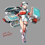  1girl artist_name autobot blue_eyes breasts cleavage_cutout dated extra_arms genderswap genderswap_(mtf) grey_background hat insignia kamizono_(spookyhouse) large_breasts mecha_musume no_pants nurse_cap panties personification ratchet red_panties short_hair solo transformers underwear white_hair 