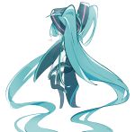  1girl 3939_0141 absurdly_long_hair arm_at_side black_legwear black_skirt blue_eyes blue_hair chibi clenched_hand detached_sleeves facing_away full_body hand_up hatsune_miku heart highres leg_up long_hair looking_at_viewer looking_back pleated_skirt profile shirt simple_background skirt sleeves_past_fingers sleeves_past_wrists solo standing standing_on_one_leg thigh-highs twintails very_long_hair vocaloid white_background white_shirt zettai_ryouiki 