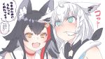  2girls ahoge animal_ear_fluff animal_ears bangs bare_shoulders black_hair blank_eyes blush chinese_commentary choker commentary_request eyebrows_visible_through_hair fangs fox_ears fox_girl green_eyes hair_between_eyes hair_in_mouth hair_ornament hairclip hololive long_hair looking_at_another multicolored_hair multiple_girls ookami_mio open_mouth red_choker redhead shirakami_fubuki sidelocks simple_background tataki_tuna translation_request two-tone_hair upper_body virtual_youtuber white_background white_hair white_hoodie wolf_ears wolf_girl yellow_eyes 