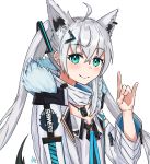  1girl ahoge animal_ear_fluff animal_ears braid dog_tags ear_clip fox_ears fox_girl fox_shadow_puppet fur_trim green_eyes hair_ornament hairclip harlequin-wheels hololive jacket long_hair long_sleeves looking_at_viewer shirakami_fubuki side_braid smile solo twintails upper_body virtual_youtuber white_hair 