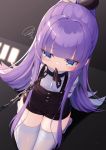  1girl azur_lane bangs black_neckwear black_ribbon black_shorts blue_eyes blunt_bangs blush chain closed_mouth commentary_request dutch_angle eyebrows_visible_through_hair from_above hair_ribbon highres kokone_(coconeeeco) long_hair long_sleeves looking_away mouth_hold ponytail purple_hair ribbon seiza shirt short_shorts shorts sitting solo squiggle suspender_shorts suspenders tashkent_(azur_lane) tashkent_(the_bound_cruiser)_(azur_lane) thigh-highs very_long_hair white_legwear white_shirt 