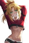 1girl arms_up bangs black_shorts blonde_eyebrows blonde_hair blush breasts commentary crop_top crop_top_overhang dolphin_shorts fate/apocrypha fate_(series) female_only green_eyes grin hair_ornament hair_scrunchie highres jewelry long_hair long_sleeves looking_at_viewer medium_breasts midriff mordred_(fate) mordred_(fate)_(all) navel necklace no_bra parted_bangs pendant ponytail red_scrunchie scrunchie short_shorts shorts sidelocks simple_background small_breasts smile tonee under_boob white_background