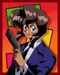  1990s_(style) 1girl blue_eyes brown_hair dark_skin gun gunsmith_cats highres holding holding_gun holding_weapon jacket looking_to_the_side necktie open_mouth potiri02 rally_vincent solo weapon 
