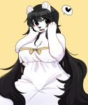  :d animal_ears animal_nose bear bear_ears bear_girl black_eyes black_hair blush breasts commentary_request dress eyebrows_visible_through_hair furry hair_between_eyes hands_on_own_face heart highres korean_commentary large_breasts long_hair looking_to_the_side open_mouth original plump polar_bear ressue_(gomgom) simple_background smile snout spoken_heart upper_body very_long_hair white_dress white_fur yellow_background 