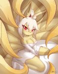  1girl ahoge animal_ears animal_nose artist_name bare_shoulders blonde_hair blush breasts bright_pupils collarbone commentary english_commentary eyebrows_visible_through_hair fox_ears fox_tail gen_1_pokemon hair_between_eyes japanese_clothes large_breasts long_hair long_sleeves looking_at_viewer multiple_tails ninetales original patreon_logo patreon_username pokemon ponytail red_eyes ribbon-trimmed_sleeves ribbon_trim rilex_lenov shizu_(rilex_lenov) solo tail tsurime watermark web_address white_pupils yellow_fur 