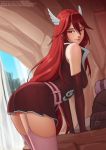  1girl ass ass_focus bare_shoulders belt belt_buckle buckle cave cave_interior closed_mouth commentary cordelia_(fire_emblem) deilan12 dress elbow_gloves english_commentary fire_emblem fire_emblem_awakening gloves hair_between_eyes hair_ornament highres lips long_hair looking_at_viewer miniskirt pink_belt red_dress red_eyes red_gloves red_skirt redhead skirt smile solo thigh-highs thighs wing_hair_ornament 