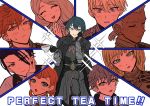  3girls 6+boys annette_fantine_dominic armor ashe_ubert black_gloves black_hair blonde_hair blue_eyes blue_hair bow byleth_(fire_emblem) byleth_eisner_(male) closed_eyes closed_mouth cup dark_skin dark_skinned_male dedue_molinaro dimitri_alexandre_blaiddyd felix_hugo_fraldarius fire_emblem fire_emblem:_three_houses garreg_mach_monastery_uniform gloves green_eyes grey_hair hair_bow highres holding holding_cup ingrid_brandl_galatea kusodekablack long_hair low_ponytail mercedes_von_martritz multiple_boys multiple_girls open_mouth orange_hair redhead short_hair sitting smile sylvain_jose_gautier teacup twintails uniform 