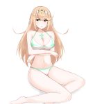  1girl :o arms_under_breasts bangs bikini blonde_hair breasts chest_jewel chirun0 eyebrows_visible_through_hair feet_out_of_frame highres large_breasts long_hair mythra_(xenoblade) navel simple_background solo swept_bangs swimsuit tiara very_long_hair white_background white_bikini xenoblade_chronicles_(series) xenoblade_chronicles_2 yellow_eyes 