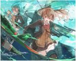  3girls aqua_eyes aqua_hair bangs blazer blonde_hair border bow bowtie breasts brown_eyes brown_hair brown_jacket brown_skirt closed_mouth clouds dated day e16a_zuiun fairy_(kantai_collection) frilled_skirt frills goggles goggles_on_head hair_between_eyes hair_ornament hairclip highres jacket kantai_collection kumano_(kantai_collection) long_hair long_sleeves multiple_girls nagasawa_tougo open_mouth outdoors ponytail red_neckwear rigging school_uniform skirt sky suzuya_(kantai_collection) thigh-highs twitter_username water white_border 