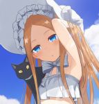  1girl abigail_williams_(fate/grand_order) abigail_williams_(swimsuit_foreigner)_(fate) arm_behind_head arm_up armpits bangs bare_shoulders bikini black_cat blonde_hair blue_eyes blue_sky blush bonnet bow breasts cat fate/grand_order fate_(series) forehead hair_bow long_hair looking_at_viewer parted_bangs sidelocks sky small_breasts suezu1022 swimsuit very_long_hair white_bikini white_bow white_headwear 