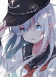  1girl anchor_symbol artist_name black_headwear black_sailor_collar blue_eyes eyebrows_visible_through_hair flat_cap hair_between_eyes hat hibiki_(kantai_collection) kantai_collection long_hair long_sleeves neckerchief red_neckwear sailor_collar school_uniform serafuku signature silver_hair simple_background solo totto_(naka) white_background 