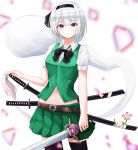  1girl absurdres bangs belt black_bow black_hairband black_legwear black_neckwear blue_eyes blurry blush bow bowtie commentary_request cowboy_shot flower green_skirt green_vest hair_ribbon hairband hand_on_weapon highres holding holding_sword holding_weapon kano_(wi3028) katana konpaku_youmu looking_at_viewer midriff miniskirt petals pleated_skirt puffy_sleeves ribbon scabbard sheath sheathed shirt short_hair short_sleeves silver_hair skirt solo standing sword thigh-highs touhou vest weapon white_background white_shirt wing_collar zettai_ryouiki 