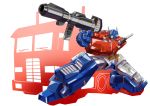  1boy aiming autobot blue_eyes commission ground_vehicle gun heyzan highres holding holding_gun holding_weapon mecha motor_vehicle no_humans optimus_prime solo transformers truck weapon white_background 