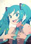  1girl :d bangs bare_shoulders black_sleeves blue_eyes blue_hair blue_nails blue_neckwear blush brown_background collared_shirt commentary confetti detached_sleeves eyebrows_visible_through_hair grey_shirt hair_between_eyes hair_ornament hands_up hatsune_miku long_hair long_sleeves looking_at_viewer nail_polish necktie open_mouth shirt sleeveless sleeveless_shirt smile sohin solo twintails upper_teeth vocaloid wide_sleeves 