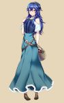  ameno_(a_meno0) blue_dress blue_eyes blue_hair blue_headwear dress fire_emblem fire_emblem_awakening fruit_basket full_body long_skirt lucina lucina_(fire_emblem) off_shoulder simple_background skirt tiara 