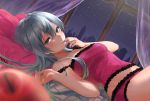  1girl absurdres bangs bed_sheet blue_eyes blue_hair blue_nails blurry_foreground bossan_3310 breasts collarbone curtains frilled_panties frills hair_between_eyes hatsune_miku highres huge_filesize indoors long_hair looking_at_viewer lying nail_polish off_shoulder on_back panties parted_lips pillow pink_panties polka_dot polka_dot_panties red_apple romeo_to_cinderella_(vocaloid) shiny shiny_hair small_breasts solo underwear underwear_only vocaloid 