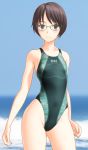  1girl black_eyes black_hair black_swimsuit blurry breasts clothes_writing competition_swimsuit cowboy_shot depth_of_field glasses highleg highleg_swimsuit highres horizon looking_at_viewer ocean one-piece_swimsuit original short_hair small_breasts solo standing swimsuit takafumi waves 