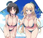  2girls arm_behind_back ascot atago_(kantai_collection) bikini black_hair blonde_hair blue_bikini blue_eyes blue_headwear blue_sky breasts clouds covered_nipples eyebrows eyebrows_visible_through_hair hand_on_own_face hand_on_own_thigh hat kantai_collection large_breasts multiple_girls odawara_hakone palm_tree pout red_eyes short_hair sky smile summer swimsuit takao_(kantai_collection) thighs tree 