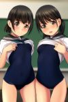  2girls :d absurdres bangs black_hair black_sailor_collar blue_neckwear blue_swimsuit blurry blurry_background blush breasts brown_eyes closed_mouth covered_navel depth_of_field eyebrows_visible_through_hair head_tilt highres indoors lifted_by_self looking_at_viewer matsunaga_kouyou multiple_girls new_school_swimsuit nose_blush old_school_swimsuit one-piece_swimsuit open_mouth original sailor_collar school_swimsuit school_uniform serafuku shirt shirt_lift short_sleeves small_breasts smile standing swimsuit swimsuit_under_clothes twintails upper_teeth white_shirt 