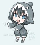  1girl :d bangs black_hair black_legwear blue_eyes blush capriccio chibi commentary_request copyright_request dated eyebrows_visible_through_hair full_body grey_background grey_footwear grey_jacket hair_between_eyes hood hood_up hooded_jacket jacket long_sleeves open_mouth outstretched_arms romaji_text shark_costume shark_hood shoes signature simple_background sleeves_past_fingers sleeves_past_wrists smile socks solo standing virtual_youtuber 