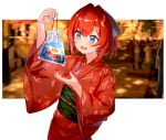  1girl :d alternate_costume ange_katrina bag blue_eyes blurry blurry_background blush bow checkered_obi clownfish commentary cowboy_shot eyebrows_visible_through_hair fish flat_chest goldfish hair_between_eyes hair_bow hair_ornament holding holding_bag japanese_clothes kimono nijisanji obi open_mouth plastic_bag red_kimono redhead sash short_hair smile solo virtual_youtuber virus_(obsession) wide_sleeves yukata 