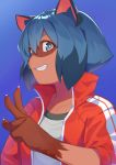 1girl animal_ears blue_background blue_eyes blue_hair brand_new_animal commentary_request fang furry highres imori_(lizzy) jacket kagemori_michiru looking_at_viewer multicolored_hair open_clothes open_jacket open_mouth raccoon_ears raccoon_girl red_jacket shirt short_hair simple_background smile solo teeth track_jacket upper_body v white_shirt 