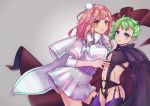  2girls alternate_costume blue_eyes bright_pupils brown_eyes cape center_opening green_hair highres looking_at_viewer m_rgfn macross macross_delta makina_nakajima medium_hair multiple_girls navel pink_hair pointy_ears reina_prowler white_pupils yuri 