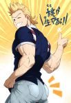  1boy absurdres ass bara blonde_hair blue_eyes boku_no_hero_academia chest highres kuroshinki male_focus muscle pants scar shirt short_hair solo thumbs_up tight tight_pants toogata_mirio translation_request upper_body veins 