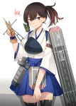  1girl black_legwear blue_hakama blush brown_eyes brown_gloves brown_hair closed_mouth cowboy_shot eyebrows_visible_through_hair flight_deck gloves hair_between_eyes hakama hakama_skirt japanese_clothes kaga_(kantai_collection) kantai_collection kasumi_(skchkko) long_hair looking_at_viewer muneate partly_fingerless_gloves remodel_(kantai_collection) side_ponytail solo tasuki thigh-highs v yugake 