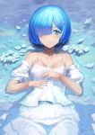  1girl blue_hair closed_mouth collarbone detached_sleeves hair_ornament hair_over_one_eye highres looking_at_viewer lying on_back re:zero_kara_hajimeru_isekai_seikatsu rem_(re:zero) shiny shiny_hair shirt short_hair short_sleeves skirt sleeveless sleeveless_shirt smile solo soramiruku spaghetti_strap water_surface white_shirt white_skirt white_sleeves x_hair_ornament 