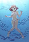  1girl ahoge air_bubble bikini brown_hair bubble crosscode emilie-sophie_de_belmond fish freckles full_body green_eyes highres looking_down short_hair side-tie_bikini solo swimsuit underwater white_bikini yuikannon 