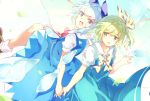  2girls aqua_hair blue_eyes bow cirno daiyousei dress eyebrows_visible_through_hair fairy fairy_wings green_eyes green_hair hair_ribbon highres holding_hands ice ice_wings looking_at_viewer multiple_girls open_mouth puffy_short_sleeves puffy_sleeves ribbon short_hair short_sleeves side_ponytail simple_background tamiku_(shisyamo609) touhou wings 