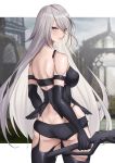  1girl alternate_hair_length alternate_hairstyle arm_strap ass bangs bare_shoulders black_gloves blue_eyes breasts butt_crack commentary_request cowboy_shot elbow_gloves expulse eyebrows_visible_through_hair from_behind gloves large_breasts long_hair looking_at_viewer looking_back nier_(series) nier_automata silver_hair solo standing thighs very_long_hair yorha_type_a_no._2 