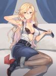  1girl armpits belt belt_buckle black_belt black_bra black_legwear black_skirt blonde_hair blue_eyes bra breasts buckle closed_mouth collarbone collared_shirt eyebrows_visible_through_hair hornet_(kantai_collection) kantai_collection kasumi_(skchkko) large_breasts light_smile long_hair open_clothes open_shirt pantyhose pencil_skirt rudder_footwear shirt skirt sleeveless sleeveless_shirt solo underwear wavy_hair white_shirt 