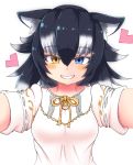  1girl animal_ears artist_request black_hair blue_eyes blush breasts casual commentary commentary_request eyebrows_visible_through_hair grey_wolf_(kemono_friends) heart heterochromia highres kemono_friends large_breasts looking_at_viewer multicolored_hair open_mouth simple_background solo two-tone_hair white_background white_hair wolf_ears wolf_girl yellow_eyes 