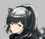  1girl animal_ears arknights bangs black_scarf cat_ears commentary dagaonanchi eyebrows_visible_through_hair grey_background highres long_hair looking_at_viewer scarf schwarz_(arknights) silver_hair simple_background smile solo yellow_eyes 
