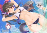  2girls armpits arms_up ass_visible_through_thighs bare_arms bare_shoulders bikini blue_sky blush bow breasts brown_hair clouds commentary_request day dutch_angle fish grey_hair groin hair_bow hair_tubes hakurei_reimu horns layered_bikini long_hair looking_at_viewer medium_breasts multicolored_hair multiple_girls navel net outdoors paw_print ponytail puuakachan red_bow red_eyes side-tie_bikini sidelocks sky standing stomach summer swimsuit tail thigh_gap touhou translation_request two-tone_hair ushizaki_urumi wading wolf_spirit_(touhou) wolf_tail 