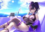  1girl bangs bare_shoulders beach_chair black_swimsuit blue_sky book book_stack breasts clouds commentary_request crossed_legs cup drinking_glass drinking_straw fate/grand_order fate_(series) finger_to_mouth flower gloves hair_between_eyes hair_flower hair_ornament hair_up half_gloves highleg highleg_swimsuit highres holding holding_book huge_breasts looking_at_viewer murasaki_shikibu_(fate) murasaki_shikibu_(swimsuit_rider)_(fate) ocean one-piece_swimsuit revision shawl shiroshisu sidelocks single_thighhigh sitting sky sun swimsuit thigh-highs tied_hair umbrella violet_eyes water 