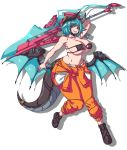  1girl bikini bikini_top black_bikini blue_hair breasts brups_tv commission curvy dragon_tail dragon_wings english_commentary highres holding holding_sword holding_weapon jumpsuit_around_waist large_breasts looking_to_the_side mecha_musume mechanical_tail mechanical_wings midriff navel open_mouth orange_eyes original shoes short_hair smile sneakers solo swimsuit sword tail weapon wide_hips wings 