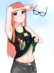  1girl absurdres ahoge armpits black-framed_eyewear black_shirt brown_hair closed_mouth collarbone frown glasses highres holding holding_eyewear lifted_by_self long_hair looking_at_viewer midriff navel persona persona_5 print_shirt renefu sakura_futaba shirt shirt_lift sleeveless sleeveless_shirt solo standing stomach straight_hair very_long_hair violet_eyes white_background 