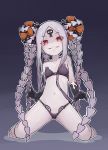  1girl abigail_williams_(fate/grand_order) abigail_williams_(swimsuit_foreigner)_(fate) absurdres barefoot bikini black_background black_bikini black_bow black_gloves bow fate/grand_order fate_(series) gloves gradient gradient_background highres huge_filesize kneeling long_hair looking_at_viewer mmhomm navel orange_bow pale_skin polka_dot polka_dot_bow red_eyes sharp_teeth smile solo swimsuit teeth white_hair 