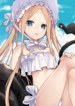  1girl abigail_williams_(fate/grand_order) abigail_williams_(swimsuit_foreigner)_(fate) b-grlew bangs bare_shoulders bikini black_cat black_jacket blonde_hair blue_eyes blue_sky bonnet bow breasts cat crossed_legs fate/grand_order fate_(series) forehead hair_bow highres jacket long_hair looking_at_viewer miniskirt navel off_shoulder open_clothes open_jacket parted_bangs parted_lips sidelocks sitting skirt sky small_breasts swimsuit thighs twintails very_long_hair white_bikini white_bow white_headwear 